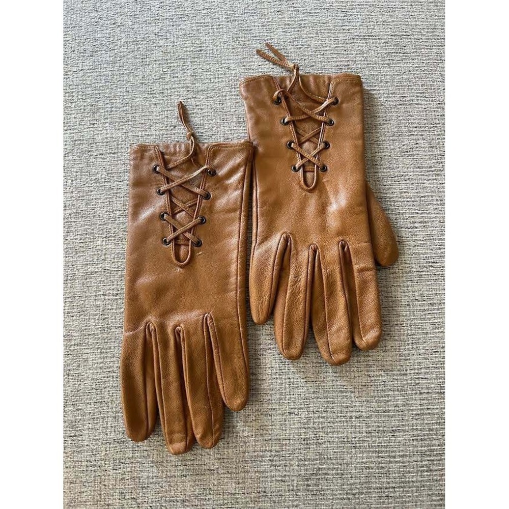 Adrienne Vittadini Brown Leather Lace Up Corset Gloves Womens Large Cognac
